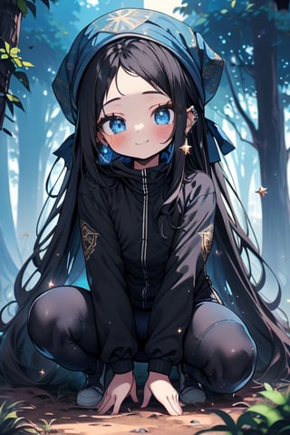 black hair, blue eyes, full body lycra clothing, friendly face, headscarf, little girl, happy smile, in the forest at night, masterpiece, star earrings, detailed, high quality, absurd, strongest human being of all, bearer of the hope of the world, long hair, perfect face, 8 year old girl, best quality, fat, obese.
