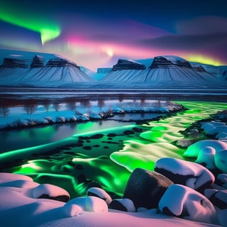 A breathtaking view of the Northern Lights shimmering over a snowy Icelandic landscape,DonMR31nd33rXL