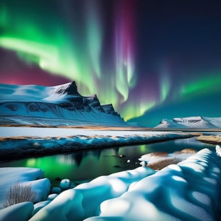 A breathtaking view of the Northern Lights shimmering over a snowy Icelandic landscape,DonMR31nd33rXL