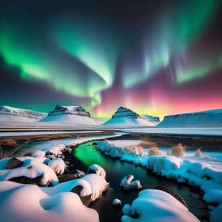 A breathtaking view of the Northern Lights shimmering over a snowy Icelandic landscape,DonMR31nd33rXL