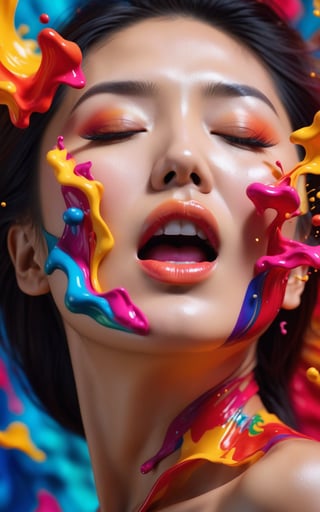 (best quality, 4K, 8K, high-resolution, masterpiece), ultra-detailed, photorealistic, asian women, sexy lips, women face exploding orgasme with vibrant colorful and colorful abstract forms, dynamic motion, surreal, dramatic scene, vivid colors, emotion of whimpering orgasme.