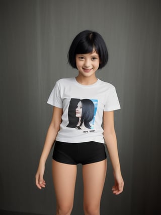 T-shirt,smile,short black hair,Studio,AIDA_LoRA_valenss