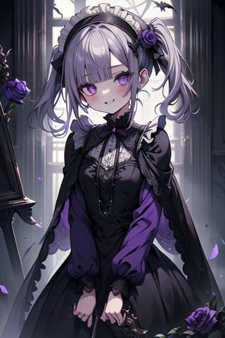 a puppet, a woman with a small body, teenager, gray hair, smiling, black rose patch on her left eye, very elegant black dress from the Victorian era, purple eyes, perfect face, happy, yandere, psychopath, corrodia, hive mind semi-central, small breasts, masterpiece, very good quality, excellent quality, loli, small body,loli,young man, 
 gothic,sculptor of souls,two long pigtails in her hair,maid headband,purple cape
