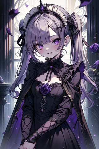 a puppet, a woman with a small body, teenager, gray hair, smiling, black rose patch on her left eye, very elegant black dress from the Victorian era, purple eyes, perfect face, happy, yandere, psychopath, corrodia, hive mind semi-central, small breasts, masterpiece, very good quality, excellent quality, loli, small body,loli,young man, 
 gothic,sculptor of souls,two long pigtails in her hair,maid headband,purple cape
