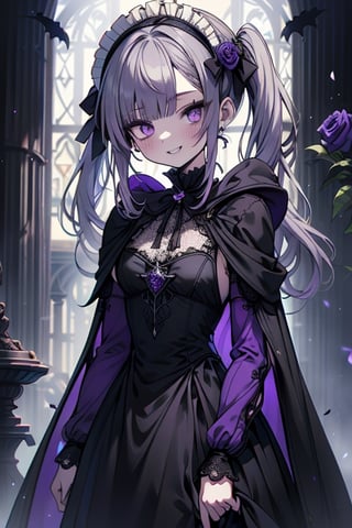 a puppet, a woman with a small body, teenager, gray hair, smiling, black rose patch on her left eye, very elegant black dress from the Victorian era, purple eyes, perfect face, happy, yandere, psychopath, corrodia, hive mind semi-central, small breasts, masterpiece, very good quality, excellent quality, loli, small body,loli,young man, 
 gothic,sculptor of souls,two long pigtails in her hair,maid headband,purple cape
