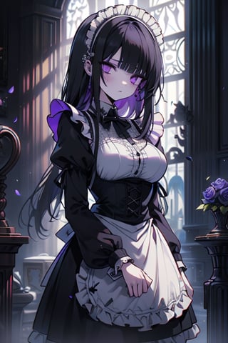 a puppet, a woman with a tall body, black hair, empty eyes, black rose patch on the left eye, maid outfit, purple eyes, perfect face, yandere, psychopath, corrodia, semi-central hive mind, medium breasts, masterpiece, very good quality, excellent quality, young,
 gothic, sculptor of souls, long hair, maid's headband, expressionless, lifeless.
