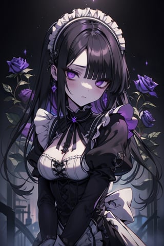 a puppet, a woman with a tall body, black hair, empty eyes, black rose patch on the left eye, maid outfit, purple eyes, perfect face, yandere, psychopath, corrodia, semi-central hive mind, medium breasts, masterpiece, very good quality, excellent quality, young,
 gothic, sculptor of souls, long hair, maid's headband, expressionless, lifeless.
