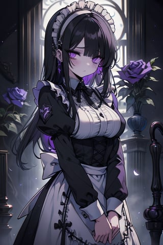 a puppet, a woman with a tall body, black hair, empty eyes, black rose patch on the left eye, maid outfit, purple eyes, perfect face, yandere, psychopath, corrodia, semi-central hive mind, medium breasts, masterpiece, very good quality, excellent quality, young,
 gothic, sculptor of souls, long hair, maid's headband, expressionless, lifeless.
