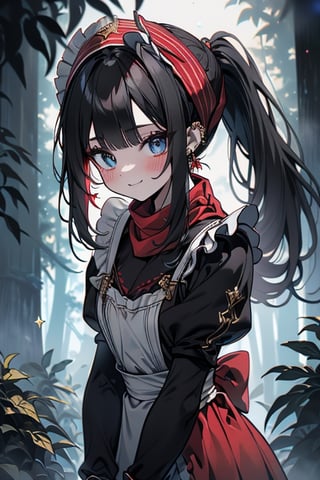 black hair, blue eyes, light red maid outfit with black edges, a red scarf with gold stripes, the edges have small golden touches, friendly face, a black spandex that covers her entire body, headscarf, killer, happy smile , bangs, in the forest at night, masterpiece, star earrings, detailed, high quality, absurd, the strongest human of all, bringer of the world's hope, hair in ponytail.