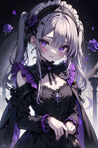 a puppet, a woman with a small body, teenager, gray hair, smiling, black rose patch on her left eye, very elegant black dress from the Victorian era, purple eyes, perfect face, happy, yandere, psychopath, corrodia, hive mind semi-central, small breasts, masterpiece, very good quality, excellent quality, loli, small body,loli,young man, 
 gothic,sculptor of souls,two long pigtails in her hair,maid headband,purple cape
