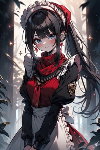 black hair, blue eyes, light red maid outfit with black edges, a red scarf with gold stripes, the edges have small golden touches, friendly face, a black spandex that covers her entire body, headscarf, killer, happy smile , bangs, in the forest at night, masterpiece, star earrings, detailed, high quality, absurd, the strongest human of all, bringer of the world's hope, hair in ponytail.