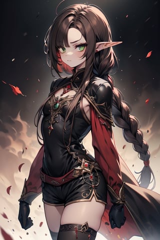 pointy ears,nobility dress, elegant, shorts, black tunic, green eyes, long hair with braids, boring eyes, serious, brown hair, masterpiece, good quality, very good quality, ancient princess, assassin, without hair bangs, high forehead, pure blood elf, noble, tall figure, woman with a proud attitude,small breasts, thin, small butt,black gloves, black pantyhouse.

,frieren