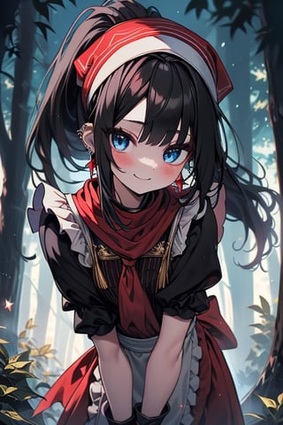 black hair, blue eyes, light red maid outfit with black edges, a red scarf with gold stripes, the edges have small golden touches, friendly face, a black spandex that covers her entire body, headscarf, killer, happy smile , bangs, in the forest at night, masterpiece, star earrings, detailed, high quality, absurd, the strongest human of all, bringer of the world's hope, hair in ponytail.