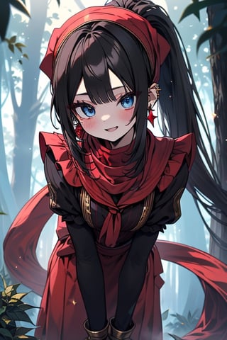 black hair, blue eyes, light red maid outfit with black edges, a red scarf with gold stripes, the edges have small golden touches, friendly face, a black spandex that covers her entire body, headscarf, killer, happy smile , bangs, in the forest at night, masterpiece, star earrings, detailed, high quality, absurd, the strongest human of all, bringer of the world's hope, hair in ponytail.