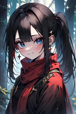 black hair, blue eyes, light red English dress with black edges, a red scarf with gold stripes, the edges have small golden touches, friendly face, a black lycra that covers her entire body, headscarf, killer, happy smile, bangs, in the forest at night, masterpiece, star earrings, detailed, high quality, absurd, the strongest human of all, bringer of the world's hope, hair in ponytail
