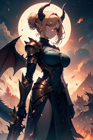 dragon wings, scaly skin, bright blonde hair, arrogant, serious, powerful, mother of the Yuumil, goddess of order, strongest dragon goddess, proud, goat horns, red horns, dragon hands, dragon legs, covered body by scales, armor, short hair, big wings, dragonborn, goddess of order and battles, masterpiece, detailed, high quality, absurd, very high resolution, good quality image, high definition, serious face, annoying, warrior, Order ,good quality eyes, high resolution eyes, defined eyes, sharp eyes, orange eyes, armor that covers everything,face with good resolution,breast armor,orange armor,hair up with braids,dragon tail,over the sun, sword of order with a orange glow, radiant figure,magma armor.
