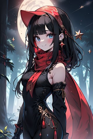 black hair,blue eyes,  light red qipao with black edges,, a red scarf with gold stripes, the edges have small golden touches friendly face, a black lycra that covers her entire body,  kerchief on her head, assassin, happy smile, fringe, in the forest at night,masterpiece, star earrings, detailed, high quality, absurd, the strongest human of all, bearer of the hope of the world.