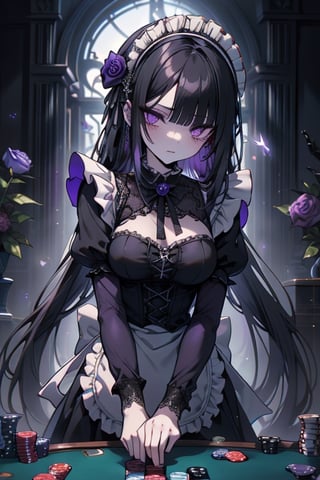 a puppet, a woman with a tall body, black hair, empty eyes, black rose patch on the left eye, maid outfit, purple eyes, perfect face, yandere, psychopath, corrodia, semi-central hive mind, medium breasts, masterpiece, very good quality, excellent quality, young,
 gothic, sculptor of souls, long hair, maid's headband, expressionless, poker face, lifeless.
