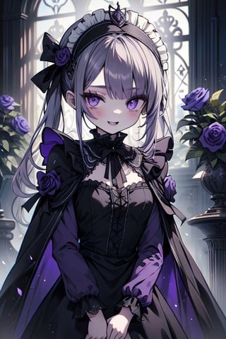 a puppet, a woman with a small body, teenager, gray hair, smiling, black rose patch on her left eye, very elegant black dress from the Victorian era, purple eyes, perfect face, happy, yandere, psychopath, corrodia, hive mind semi-central, small breasts, masterpiece, very good quality, excellent quality, loli, small body,loli,young man, 
 gothic,sculptor of souls,two long pigtails in her hair,maid headband,purple cape
