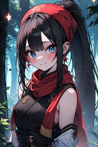 black hair, blue eyes, light red qipao with black edges, a red scarf with gold stripes, the edges have small touches of gold, friendly face, a black spandex that covers her entire body, headscarf, killer, happy smile, bangs , in the forest at night, masterpiece, star earrings, detailed, high quality, absurd, the strongest human of all, bringer of the world's hope, hair in ponytail.
