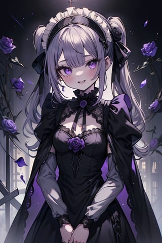 a puppet, a woman with a small body, teenager, gray hair, smiling, black rose patch on her left eye, very elegant black dress from the Victorian era, purple eyes, perfect face, happy, yandere, psychopath, corrodia, hive mind semi-central, small breasts, masterpiece, very good quality, excellent quality, loli, small body,loli,young man, 
 gothic,sculptor of souls,two long pigtails in her hair,maid headband,purple cape
