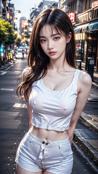 A extremely Cute and Beautiful Pictures of Japan Woman, (22 years old: 1.1), ((cowboy shot:1.3)), ((soft bar lighting:0.95), (Backlight:0.95), (Faint Lighting), (face soft lighting:1.1), (low key:1.1), Look Straight, Cinematic Angle, Graceful standing, (((night situation:1.5))), (looking straight at the viewer:1.3, view viewer:1.3), 
Blake, 
attractive look:1.3, (white tank-top:1.3, bare-shoulder, collarbone), (white shorts:1.3), sneakers:1.3, 
BREAK, 
(dark brown eyes, beautiful eyes, princess eyes), (shiny-blonde hair:1.3, straight thin hair:1.3, bangs, hair between eyes, medium-length hair), (slender, abs), (medium breasts:0.95), (thin waist:1.25), solo, (parted lips, pink glossy lips), (beautiful clean skin), 
BREAK, 
(detailed Paris fashion street:1.25, in front of boutique, outdoor, night time), ((attractive standing:1.3, contrapposto)), (((arms behind back:1.5))), (seductive princess smile: 1.25, closed mouth:1.2), (4fingers and thumb:1.3, perfect human hands. detailed human hands), BREAK, (Realistic, Photorealistic: 1.37), (Masterpiece, Best Quality: 1.2), (Ultra High Definition: 1.2), (RAW Photo: 1.2), (Sharp Focus: 1.3), (Face Focus: 1.2), (Ultra Detailed CG Unified 8k Wallpaper: 1.2), (Beautiful Skin: 1.2), (Pale Skin: 1.1), (Hyper Sharp Focus: 1.5), (Super Sharp Focus: 1.5), (Beautiful Face: 1.3), (Ultra Detailed Background, Detailed Background: 1.3), (perfect female body), ((frame the head:1.3)), perfect anatomy, perfect proportions, 8.5 life-size, face focus, ultra-realistic photos, ultra-clear images, ultra-detailed images,suzuna