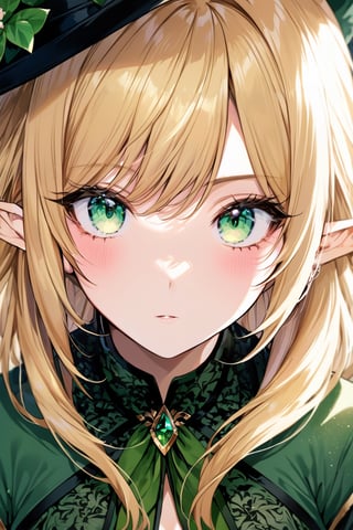 ((top quality)), ((masterpiece)), portrait view of a blond-haired elf girl, with a dark top hat, wearing a green jacket over a green dress, intricate details, highly detailed eyes, highly detailed mouth, cinematic image, illuminated by soft light,photo of perfecteyes eyes