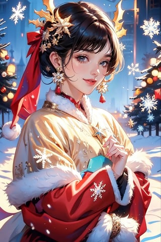 A little match seller in a Christmas costume surrounded by beautiful snowflakes,Snowflake,young girl