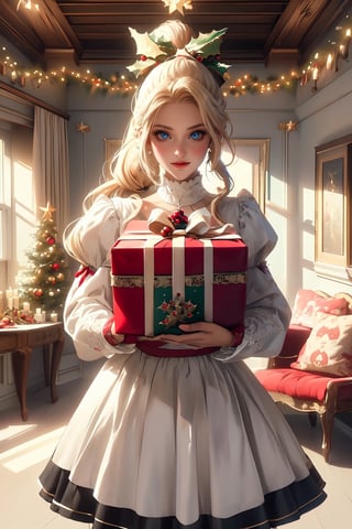 Themed: (December 24th), (Christmas:1.00), (Snow), (Christmas Three), (Gifts), (Bow), Castlevania Lightning (Monochrome) (Daylight:1.00) Cowboy Shoot, Eris Etolia, Blonde, Ponytail, Blue Eyes, She's in front of us, with an alluring attitude; at outdoors,, city envoroment She looks like a stunning lady teenybopper, brat, 💡 **Additional Enhancers:** ((High-Quality)), ((Aesthetic)), ((Masterpiece)), (Intricate Details), Coherent Shape, (Stunning Illustration), [Dramatic Lightning],Christmas Room