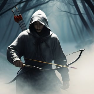 Dark killer. hood. in the evening. Its white horse. Holding bow and arrow in hand. Moving fog. Realistic depiction of dim light and shadow, Fresnel lighting, produced by daz3d, ,, ,chinese ink drawing