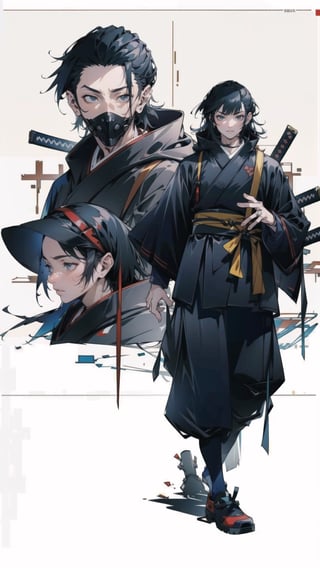 (2d, highly detailed face, masterpiece, best quality, highres:1.3) an edgy ((street samurai boy)) with mechanical left arm and cyberpunk mask confidently striding in a sleek futuristic parka black kimono, baggy cargo pants, jordan sneakers, backdrop of a mesmerizing cyberpunk cityscape background. letterboxed, illustration ((creative background)), urban techwear, black hair, urban techwear, full body, getou