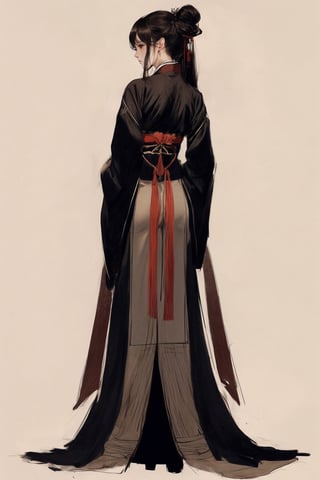 sketch of a silhouette of a woman, Hanfu, rear view, full length