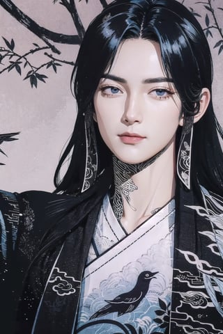 ultra detailed young man with long hair wearing detailed and intricate xianxia ancient clothes, in a detailed ginkgo garden, onmyoji portrait, glowy red smoke, illustration, traditional chinese art merged with art nouveau, ink lines, 32k resolution, best quality