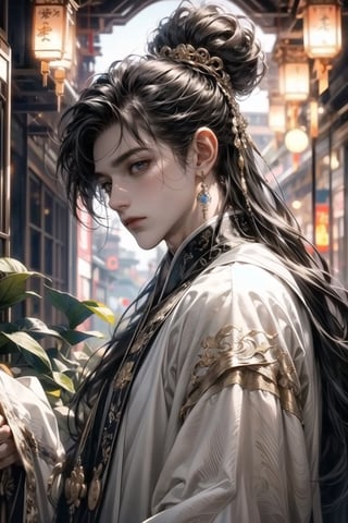 (extreamly delicate and beautiful:1.2), 8K, (tmasterpiece, best:1.0), , (LONG_HAIR_MALE:1.5), Upper body, a long_haired male, cool and seductive, evil_gaze, (wears white hanfu:1.2), and intricate detailing, and intricate detailing, finely eye and detailed face, Perfect eyes, Equal eyes, Fantastic lights and shadows、white room background、 Uses backlight and rim light