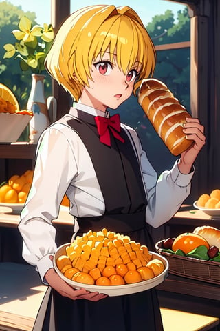 Thanksgiving turkey, carrot, food, 1boy, orange_flower, solo, grapes, bread, shrimp, leaf, plate, fried_egg, blush, fish, bird, long_sleeves, acorn, blonde_hair, lemon, onion, holding_tray, baguette, tempura, syrup, basket, tray, dress, closed_mouth, skirt, red_eyes, vegetable, chicken, bakery, black_skirt, corn,perfect,cute,masterpiece,kurapika