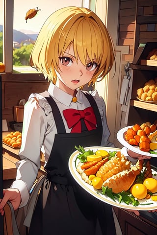 Thanksgiving turkey, carrot, food, 1boy, orange_flower, solo, grapes, bread, shrimp, leaf, plate, fried_egg, blush, fish, bird, long_sleeves, acorn, blonde_hair, lemon, onion, holding_tray, baguette, tempura, syrup, basket, tray, dress, closed_mouth, skirt, red_eyes, vegetable, chicken, bakery, black_skirt, corn,perfect,cute,masterpiece,kurapika