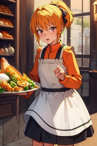 Thanksgiving turkey, carrot, food, 1boy, orange_flower, solo, grapes, bread, shrimp, leaf, plate, fried_egg, blush, fish, bird, long_sleeves, acorn, short brown ponytail, lemon, onion, holding_tray, baguette, tempura, syrup, basket, tray, dress, closed_mouth, skirt, red_eyes, vegetable, chicken, bakery, black_skirt, corn,perfect,cute,masterpiece,kurapika