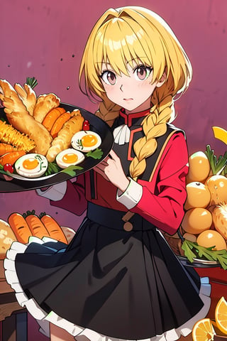 Thanksgiving turkey, braid, carrot, food, 1boy, orange_flower, solo, grapes, bread, shrimp, leaf, plate, fried_egg, twin_braids, blush, fish, bird, long_sleeves, acorn, blonde_hair, lemon, onion, holding_tray, baguette, tempura, syrup, basket, tray, dress, closed_mouth, skirt, red_eyes, vegetable, chicken, pink_background, black_skirt, corn,perfect,cute,masterpiece,kurapika