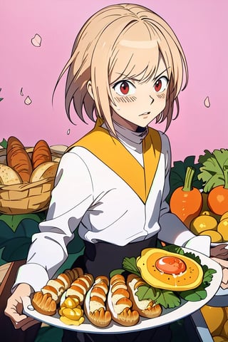 Thanksgiving turkey, carrot, food, 1boy, orange_flower, solo, grapes, bread, shrimp, leaf, plate, fried_egg, blush, fish, bird, long_sleeves, acorn, blonde_hair, lemon, onion, holding_tray, baguette, tempura, syrup, basket, tray, dress, closed_mouth, skirt, red_eyes, vegetable, chicken, pink_background, black_skirt, corn,perfect,cute,masterpiece,kurapika,1boy,pokkle