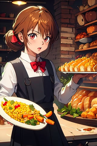 Thanksgiving turkey, carrot, food, 1boy, orange_flower, solo, grapes, bread, shrimp, leaf, plate, fried_egg, blush, fish, bird, long_sleeves, acorn,brown hair, long ponytail, lemon, onion, holding_tray, baguette, tempura, syrup, basket, tray, dress, closed_mouth, skirt, red_eyes, chain, vegetable, chicken, bakery, black_skirt, corn,perfect,cute,masterpiece,kurapika, chain background