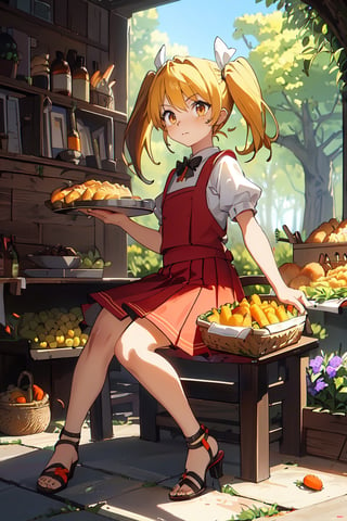 (1boy, solo, perfect, cute, masterpiece)(blush, short_sleeves, blonde_hair, long_hair, twin_tails, red dress, pleated_skirt, mini_skirt, red_eyes, closed_mouth, bare_legs, high_heel_sandals )(Thanksgiving turkey, carrot, food, orange_flower, grapes, bread, shrimp, leaf, plate, fried_egg, fish, bird, acorn, lemon, onion, holding_tray, baguette, tempura, syrup, basket, tray, vegetable, chicken, corn), forest, bush, best quality, sit on the grassland