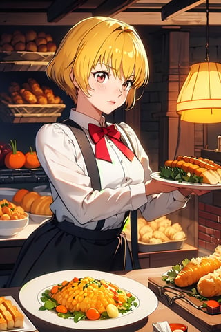 Thanksgiving turkey, carrot, food, 1boy, orange_flower, solo, grapes, bread, shrimp, leaf, plate, fried_egg, blush, fish, bird, long_sleeves, acorn,blonde hair, lemon, onion, holding_tray, baguette, tempura, syrup, basket, tray, dress, closed_mouth, skirt, red_eyes, vegetable, chicken, bakery, black_skirt, corn,perfect,cute,masterpiece,kurapika, chain background