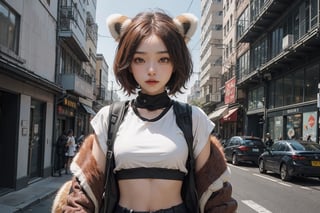 she as (red panda face:1.15), AgoonGirl ,Detailedface,outfit,Detailedeyes, croptop, white themes,urban techwear