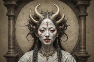 symmetrical portrait of surreal abandoned sculpture of white japanese female Tengu (with a splashing coloration of Alberto Seveso and Basil Gogos), ((Wild crazy long hair)), dream - like heavy mysterious atmosphere,in an abandoned shrine, baroque landscape,perfect composition,beautiful detailed intricate insanely detailed octane,unreal engine 5,8k artistic photography,photo realistic,soft natural volumetric cinematic perfect light,chiaroscuro,award - winning photography, ((tsutomu nihei, Bastien Lecouffe Deharme,  iris van herpen and wangechi Mutu)), art forms of nature by ernst haeckel,  art nouveau,  symbolist,  Kinetic Art,  visionary,  gothic,  (((ancient japanese mythical being, Tengu with horns and shapr demon teeth:1.4))),  neo - gothic,  pre - raphaelite,  fractal lace, intricate mythical botanical,  ai biodiversity,  surrealism,  hyper detailed ultra sharp octane render,  (Audrey Kawasaki,  Anna Dittmann:1.4),  known for their captivating and atmospheric pieces. The overall effect of the image is ethereal,  as if the woman is enveloped in glowing stardust created expertly by artist W. Zelmer. The image is of exceptional quality,  showcasing the fine details and masterful blending of colors, folklore, ,on parchment