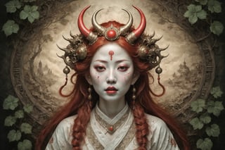 symmetrical portrait of surreal abandoned sculpture of white japanese female stunning sensual Tengu (with a splashing coloration of Alberto Seveso and Basil Gogos), ((Wild crazy long fire red hair)), dream - like heavy mysterious atmosphere,in an abandoned japanese overgrown shrine, perfect composition,beautiful detailed intricate insanely detailed octane,unreal engine 5,8k artistic photography,photo realistic,soft natural volumetric cinematic perfect light,chiaroscuro,award - winning photography, (((tsutomu nihei, Bastien Lecouffe Deharme,  iris van herpen and Ayami Kojima))), art forms of nature by ernst haeckel,  art nouveau,  symbolist,  Kinetic Art,  visionary,  gothic,  (((ancient japanese mythical being, Tengu with horns:1.4))),  neo - gothic,  pre - raphaelite,  fractal lace, intricate mythical botanical,  ai biodiversity,  surrealism,  hyper detailed ultra sharp octane render,  (Audrey Kawasaki,  Anna Dittmann:1.4),  known for their captivating and atmospheric pieces. The overall effect of the image is ethereal,  as if the woman is enveloped in glowing stardust created expertly by artist W. Zelmer. The image is of exceptional quality,  showcasing the fine details and masterful blending of colors, folklore, ,on parchment, Chinese Ghost Story, 