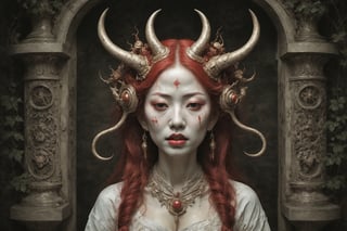 symmetrical portrait of surreal abandoned sculpture of white japanese female stunning sensual Tengu (with a splashing coloration of Alberto Seveso and Basil Gogos), ((Wild crazy long fire red hair)), dream - like heavy mysterious atmosphere,in an abandoned japanese overgrown shrine, perfect composition,beautiful detailed intricate insanely detailed octane,unreal engine 5,8k (artistic photography like Bella Kotak),photo realistic,soft natural volumetric cinematic perfect light,chiaroscuro,award - winning photography, (((tsutomu nihei, Bastien Lecouffe Deharme, iris van herpen and Ayami Kojima))), art forms of nature by ernst haeckel,  art nouveau,  symbolist,  Kinetic Art,  visionary,  gothic,  (((ancient japanese mythical being, crying Tengu with horns:1.4))),  neo - gothic,  pre - raphaelite,  fractal lace, intricate mythical botanical,  ai biodiversity,  surrealism,  hyper detailed ultra sharp octane render,  (Audrey Kawasaki,  Anna Dittmann:1.4),  known for their captivating and atmospheric pieces. The overall effect of the image is ethereal,  as if the woman is enveloped in glowing stardust created expertly by artist W. Zelmer. The image is of exceptional quality,  showcasing the fine details and masterful blending of colors, folklore, ,on parchment, Chinese Ghost Story, ((luminescence, iridescent effect:1.3)), (((nsfw, big breasts)))
