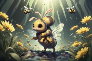 A unique flying creature, part bee (yellow black stripes:1.4) and part bunny (bunny eas and bee transparent chitin wings:1.4), takes flight above a Tim Burton-esque landscape filled with fantastical dandelions, (photo HDR 8K) ,painting magic,  (splendid environment of tensor art),  perfect contrast,  (correct sharp photorealistic environment),  (highly detailed bacgroung),  detailed,  (masterpiece,  best quality:1.3) Animal,  chuppy_fat:2,  looking viewer,  (Ultrasharp,  8k,  detailed,  ink art,  stunning,  vray tracing,  style raw,  unreal engine),  High detailed , Color magic,  Saturated colors,  game icon