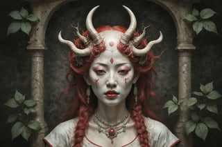 symmetrical portrait of surreal abandoned sculpture of white japanese female stunning sensual Tengu (with a splashing coloration of Alberto Seveso and Basil Gogos), ((Wild crazy long fire red hair)), dream - like heavy mysterious atmosphere,in an abandoned japanese overgrown shrine, perfect composition,beautiful detailed intricate insanely detailed octane,unreal engine 5,8k (artistic photography like Bella Kotak),photo realistic,soft natural volumetric cinematic perfect light,chiaroscuro,award - winning photography, (((tsutomu nihei, Bastien Lecouffe Deharme, iris van herpen and Ayami Kojima))), art forms of nature by ernst haeckel,  art nouveau,  symbolist,  Kinetic Art,  visionary,  gothic,  (((ancient japanese mythical being, crying Tengu with horns:1.4))),  neo - gothic,  pre - raphaelite,  fractal lace, intricate mythical botanical,  ai biodiversity,  surrealism,  hyper detailed ultra sharp octane render,  (Audrey Kawasaki,  Anna Dittmann:1.4),  known for their captivating and atmospheric pieces. The overall effect of the image is ethereal,  as if the woman is enveloped in glowing stardust created expertly by artist W. Zelmer. The image is of exceptional quality,  showcasing the fine details and masterful blending of colors, folklore, ,on parchment, Chinese Ghost Story, ((luminescence, iridescent effect:1.3)), (((nsfw, big breasts:1.4)))