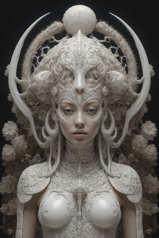 symmetrical portrait of surreal abandoned sculpture of white egyptian horus as female queen with a splashing coloration of Alberto Seveso, covered with white tentacles white flesh white meat on white exoplanet,soft bloom,dream - like heavy mysterious atmosphere,in the wastelands, baroque landscape,perfect composition,beautiful detailed intricate insanely detailed octane,unreal engine 5,8k artistic photography,photo realistic,soft natural volumetric cinematic perfect light,chiaroscuro,award - winning photography tsutomu nihei,  Bastien Lecouffe Deharme,  iris van herpen and wangechi Mutu,  art forms of nature by ernst haeckel,  art nouveau,  symbolist,  Kinetic Art,  visionary,  gothic,  (((Merrow Irish mythical being:1.4))),  neo - gothic,  pre - raphaelite,  fractal lace, intricate mythical botanical,  ai biodiversity,  surrealism,  hyper detailed ultra sharp octane render,  (Audrey Kawasaki,  Anna Dittmann:1.4),  known for their captivating and atmospheric pieces. The overall effect of the image is ethereal,  as if the woman is enveloped in glowing stardust,  created expertly by artist W. Zelmer. The image is of exceptional quality,  showcasing the fine details and masterful blending of colors,