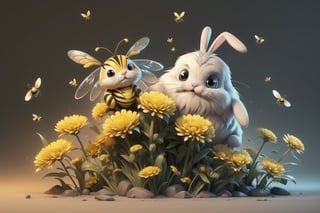 A unique flying creature, part bee (yellow black stripes:1.4) and part bunny (bunny eas and bee transparent chitin wings:1.4), takes flight above a Tim Burton-esque landscape filled with fantastical dandelions, (photo HDR 8K) ,painting magic,  (splendid environment of tensor art),  perfect contrast,  (correct sharp photorealistic environment),  (highly detailed bacgroung),  detailed,  (masterpiece,  best quality:1.3) Animal,  chuppy_fat:2,  looking viewer,  (Ultrasharp,  8k,  detailed,  ink art,  stunning,  vray tracing,  style raw,  unreal engine),  High detailed , Color magic,  Saturated colors,  game icon